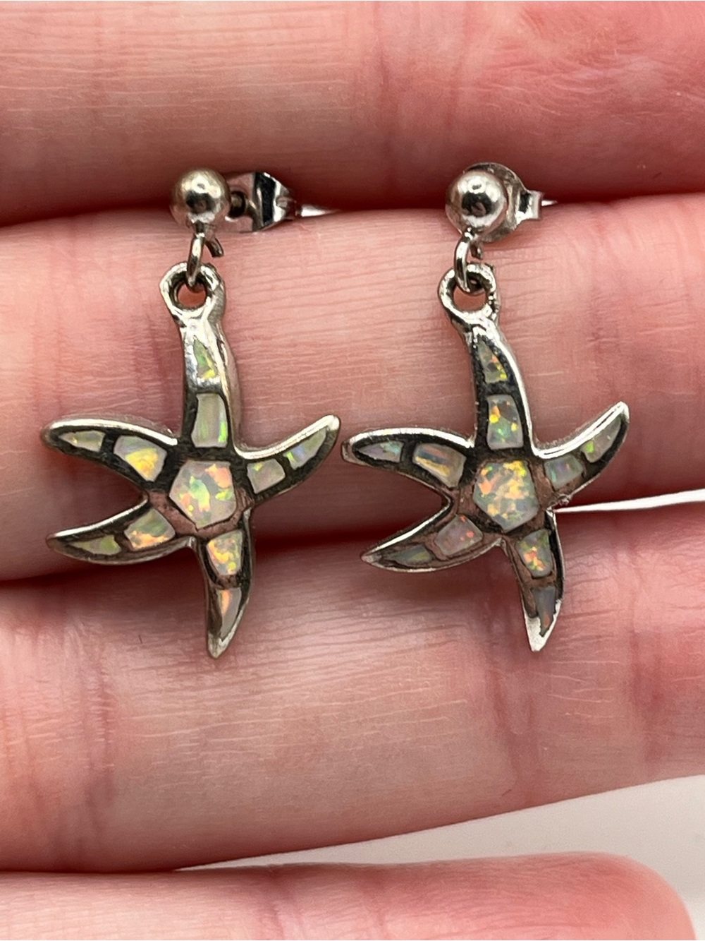 Sterling Silver White Opal Inlay Starfish Earrings